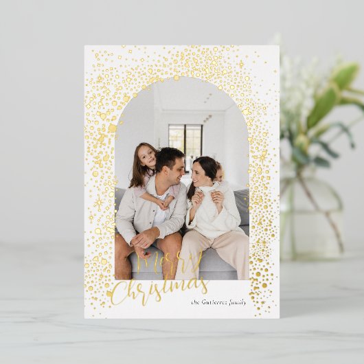 Gouden glinsterende boog foto folie kerstkaart folie feestdagenkaart (Staand Voorkant)