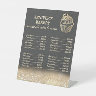 Gouden glinsterende cupcake bakkerij prijslijst vo reclamebord met voetstuk