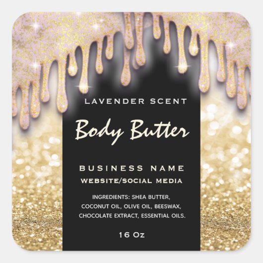 Gouden glinsterende druppel script body butter lab vierkante sticker (Voorkant)