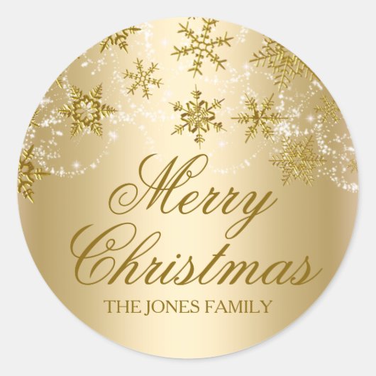 Gouden Glinsterende Sneeuwvlok Kerststicker Ronde Sticker (Voorkant)