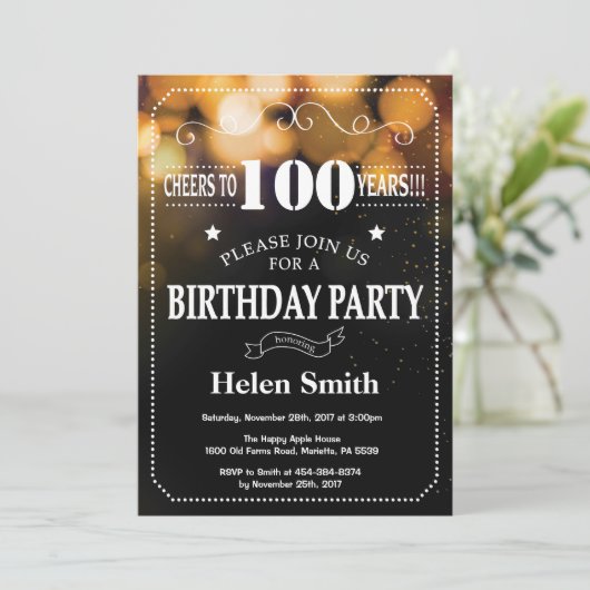 Gouden Glitter 100ste Verjaardagsuitnodiging Kaart (Staand voorkant)