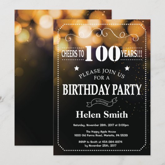 Gouden Glitter 100ste Verjaardagsuitnodiging Kaart (Voorkant / Achterkant)