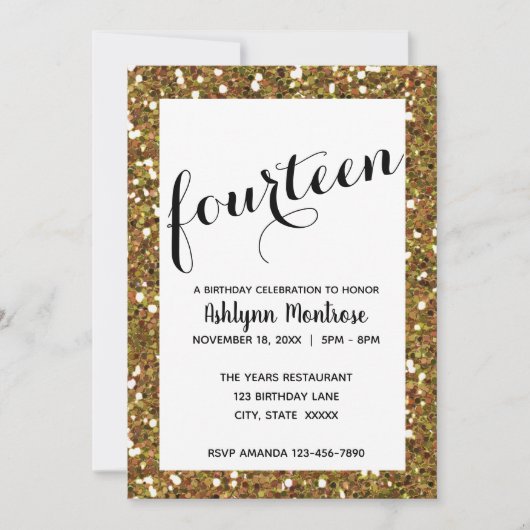 Gouden Glitter 14e Verjaardag Kaart (Voorkant)