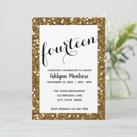 Gouden Glitter 14e Verjaardag Kaart (Staand voorkant)