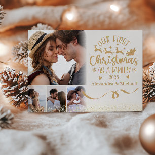 Gouden Glitter 4 Foto Eerste Kerstmis als Familie Feestdagenkaart
