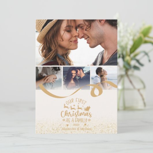 Gouden Glitter 4 Foto Kerstmis Feestdagenkaart (Staand voorkant)