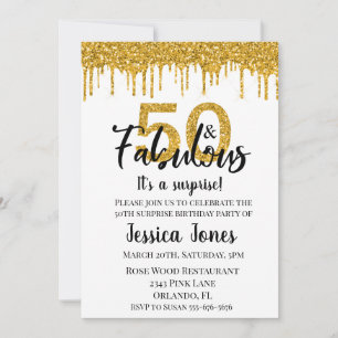 Gouden Glitter 50 en Fabulous Fifty Surprise Party Kaart