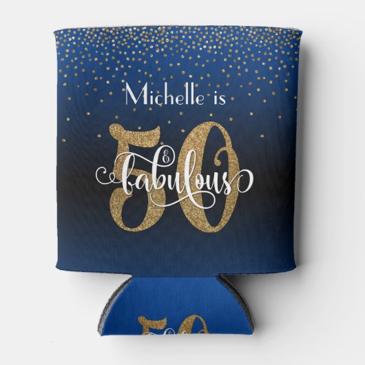Gouden Glitter 50 & Fabulous Blue Ombre Verjaardag Blikjeskoeler (Voorkant)
