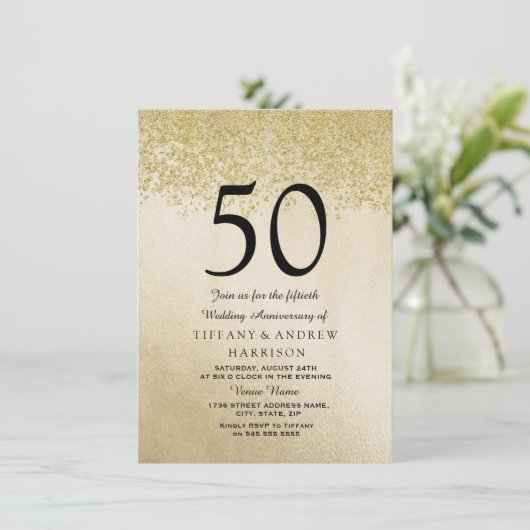 Gouden Glitter 50ste Huwelijksjubileum Uitnodiging (Staand voorkant)
