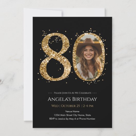 Gouden Glitter 80e Verjaardag Foto Kaart (Voorkant)