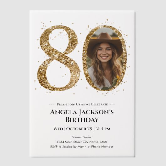 Gouden Glitter 80e Verjaardag voor volwassenen Fot Vellum Uitnodigingen (Voorkant)