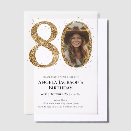 Gouden Glitter 80e Verjaardag voor volwassenen Fot Vellum Uitnodigingen (Offset)