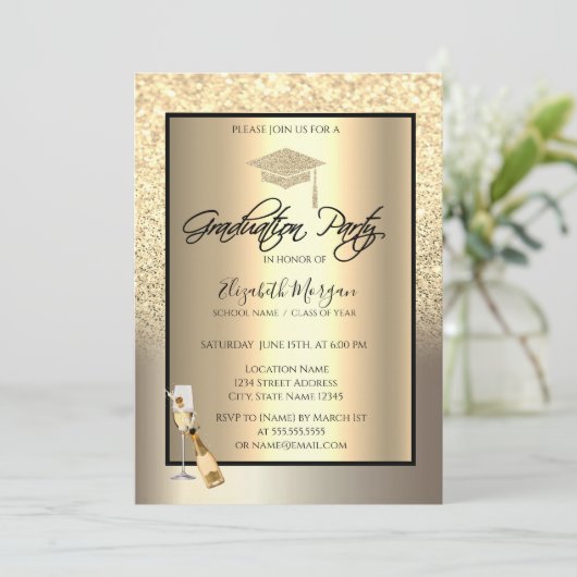 Gouden Glitter Afstudeerder Pet, Wijn, Glas Champa Kaart (Staand voorkant)