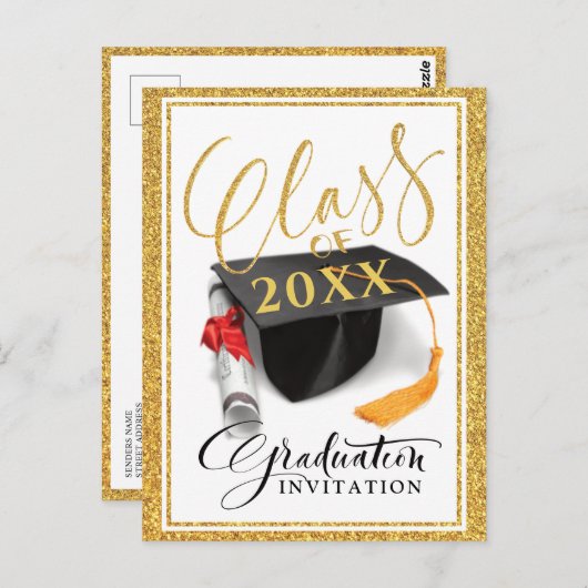 Gouden Glitter Afstudeerhoed Afstudeeraankondiging Briefkaart (Voorkant / Achterkant)