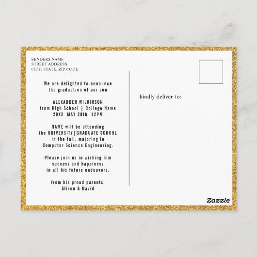 Gouden Glitter Afstudeerhoed Afstudeeraankondiging Briefkaart (Achterkant)