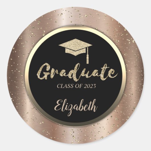 Gouden Glitter Afstudeerhoed, Bruine Metallic Conf Ronde Sticker (Voorkant)