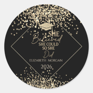 Gouden Glitter Afstudeerhoed,Confetti Zij Geloofde Ronde Sticker