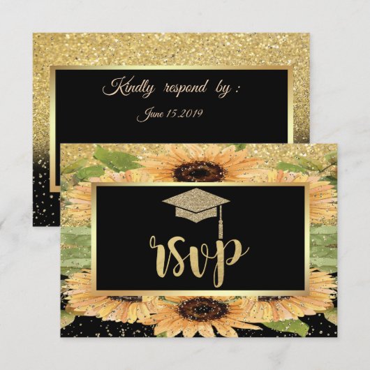Gouden Glitter Afstudeerhoed, Zonnebloemen Afstude RSVP Kaartje (Voorkant / Achterkant)