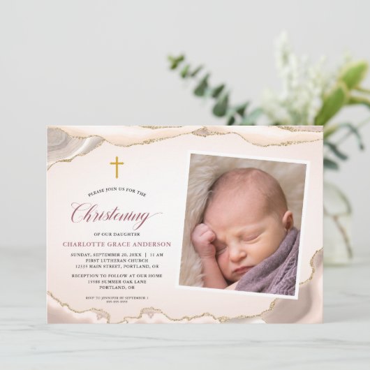 Gouden Glitter Agaat Script Foto Meisje Doop Kaart (Staand voorkant)