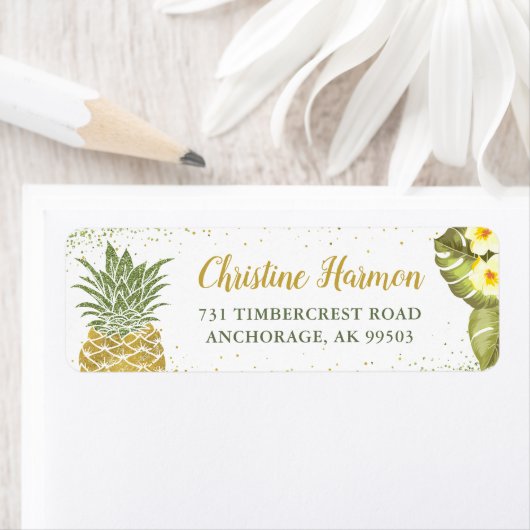 Gouden Glitter Ananas Bloemen Retouradres Label (Insitu)