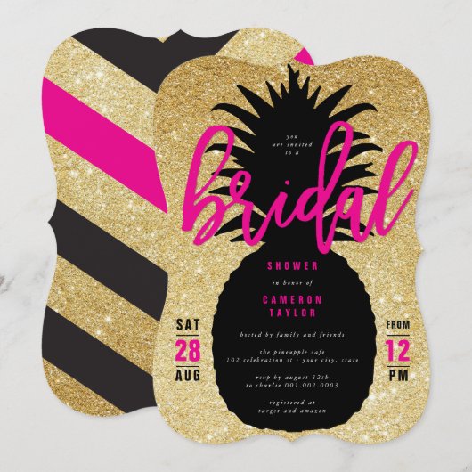 Gouden Glitter Ananas Chic Bruidsfeest Uitnodiging (Voorkant / Achterkant)