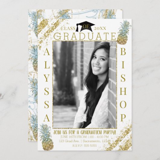 Gouden Glitter Ananas Foto Afstuderen Afstuderen Kaart (Voorkant / Achterkant)