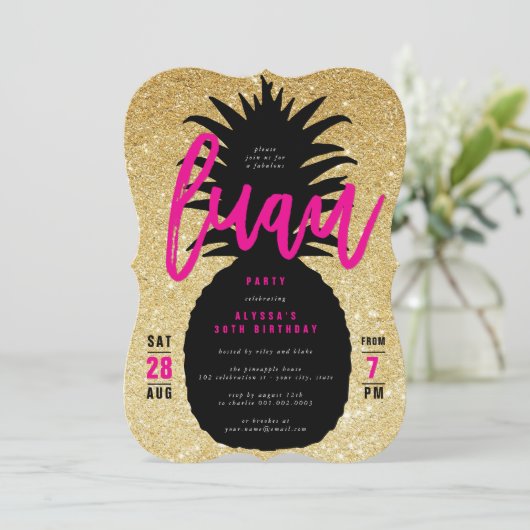 Gouden Glitter Ananas Luau Verjaardagsfeest Uitnod Kaart (Staand voorkant)