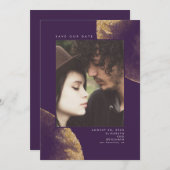Gouden Glitter Aubergine Paarse Save the Date Foto (Voorkant / Achterkant)