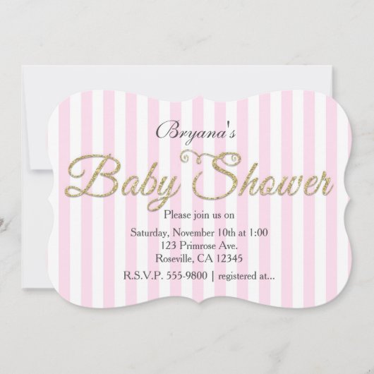 Gouden Glitter BABYSHOWER Roze Gestreepte Uitnodig Kaart (Voorkant)