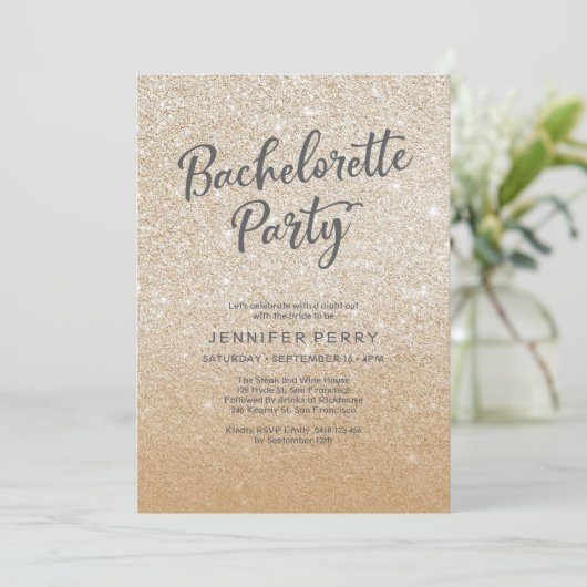 Gouden glitter Bachelorette Party Uitnodiging (Staand voorkant)