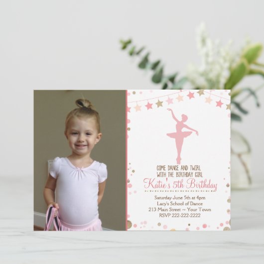 Gouden Glitter Ballet Dans Verjaardag Uitnodiging (Staand voorkant)