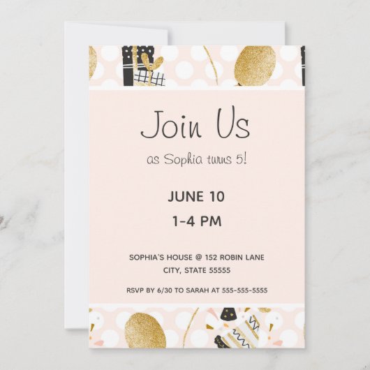 Gouden Glitter-ballonnen en Kind van Petten Kaart (Voorkant)