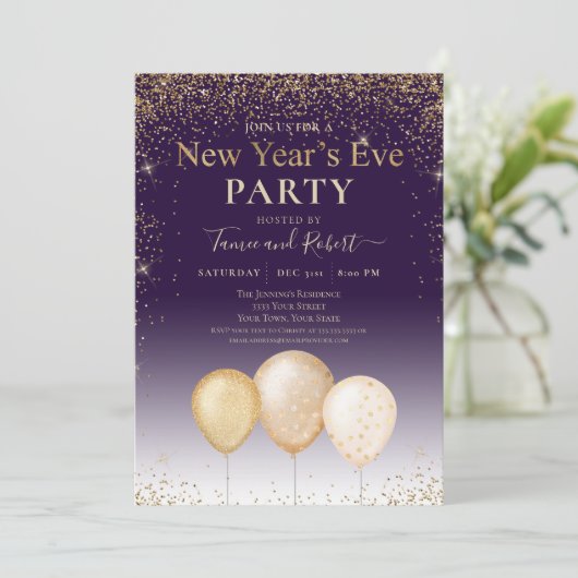 Gouden Glitter Ballonnen Paarse Oudejaarsfeest Kaart (Staand voorkant)