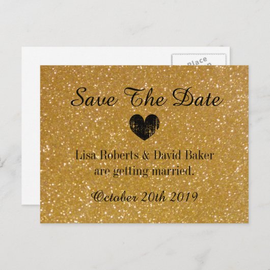 Gouden glitter Bewaar de datum bruiloft briefkaart (Voorkant / Achterkant)