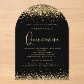 Gouden Glitter Black Quinceanera Verjaardagsfeest Acryl Uitnodigingen (Voorkant)