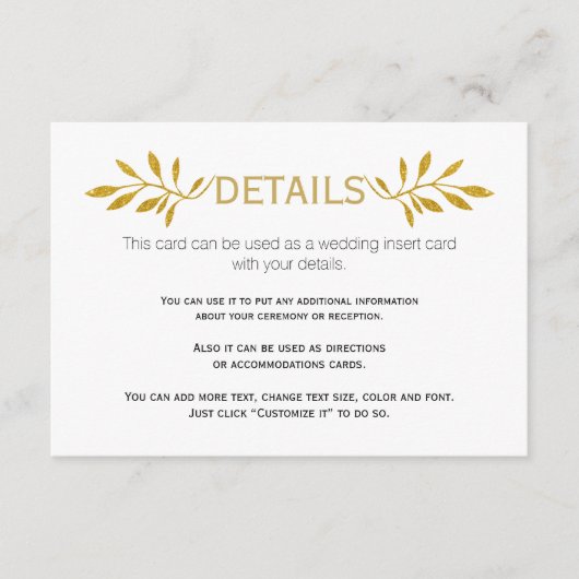 Gouden glitter bladeren patroon bruiloft invoegen  informatiekaartje (Voorkant)