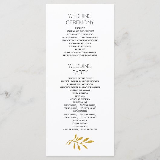 Gouden glitter bladeren patroon bruiloft programma programmakaart (Achterkant)