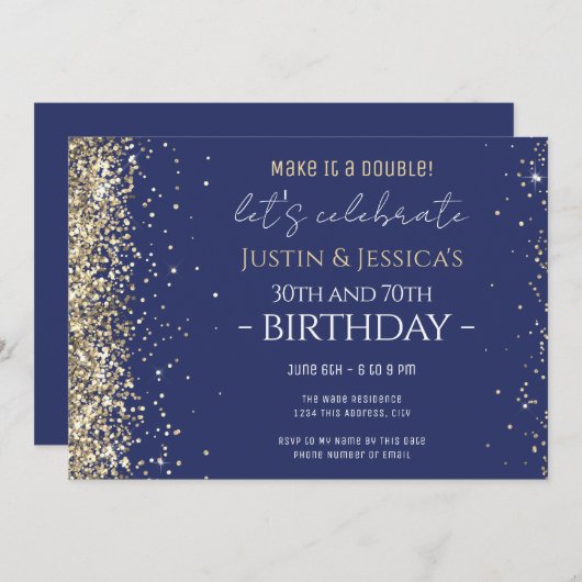 Gouden Glitter Blauw Dubbele Uitnodiging van de Ve (Voorkant / Achterkant)
