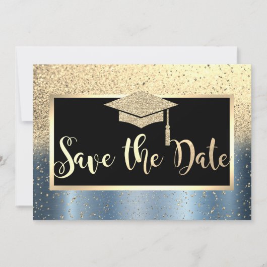 Gouden glitter blauwe afstudeerdatum bewaren save the date (Voorkant)