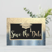 Gouden glitter blauwe afstudeerdatum bewaren save the date (Staand voorkant)