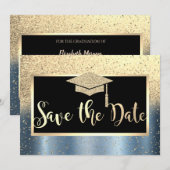 Gouden glitter blauwe afstudeerdatum bewaren save the date (Voorkant / Achterkant)