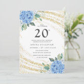 Gouden Glitter Blauwe Bloemen Twintigste Verjaarda Kaart (Staand voorkant)