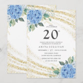 Gouden Glitter Blauwe Bloemen Twintigste Verjaarda Kaart (Voorkant / Achterkant)