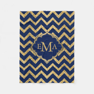 Gouden Glitter Blauwe Chevron Zigzag Patroon Monog Fleece Deken