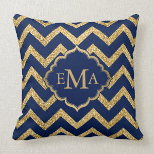 Gouden Glitter Blauwe Chevron Zigzag Patroon Monog Kussen