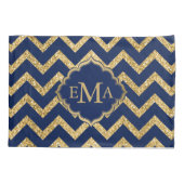 Gouden Glitter Blauwe Chevron Zigzag Patroon Monog Kussensloop (Achterkant)