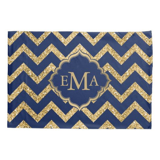 Gouden Glitter Blauwe Chevron Zigzag Patroon Monog Kussensloop (Achterkant)