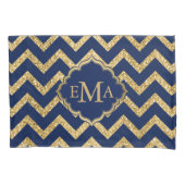 Gouden Glitter Blauwe Chevron Zigzag Patroon Monog Kussensloop (Voorkant)