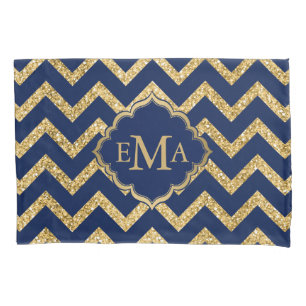 Gouden Glitter Blauwe Chevron Zigzag Patroon Monog Kussensloop