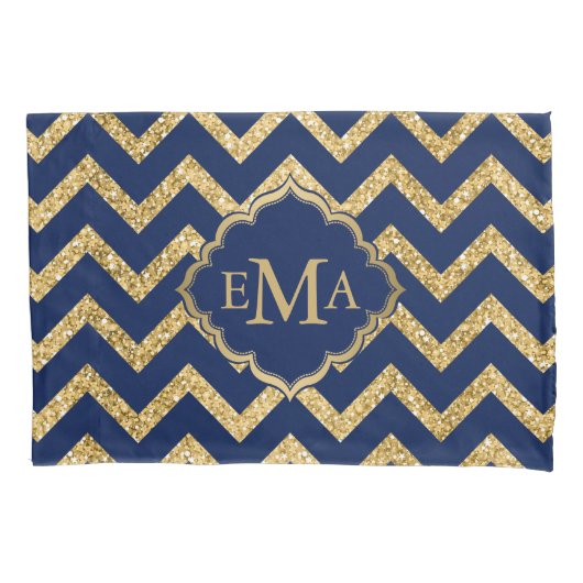 Gouden Glitter Blauwe Chevron Zigzag Patroon Monog Kussensloop (Voorkant)